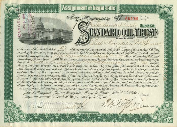 Standard Oil Trust signed by Edith Rockefeller McCormick, Archbold, and Tilford